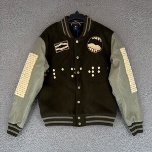 Flan Varsity Jacket men’s medium green and olive Patch Details Wool PU Leather